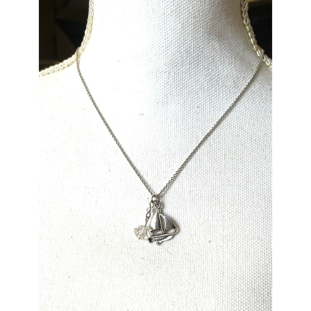 Silver Tone Necklace Sailboat Charm And Crystal Bead 16" W/2" Extendor